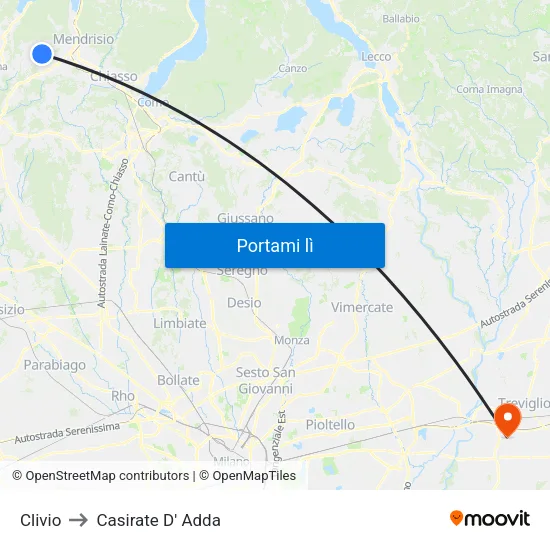 Clivio to Casirate D' Adda map