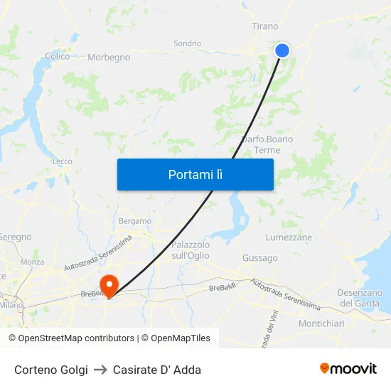 Corteno Golgi to Casirate D' Adda map