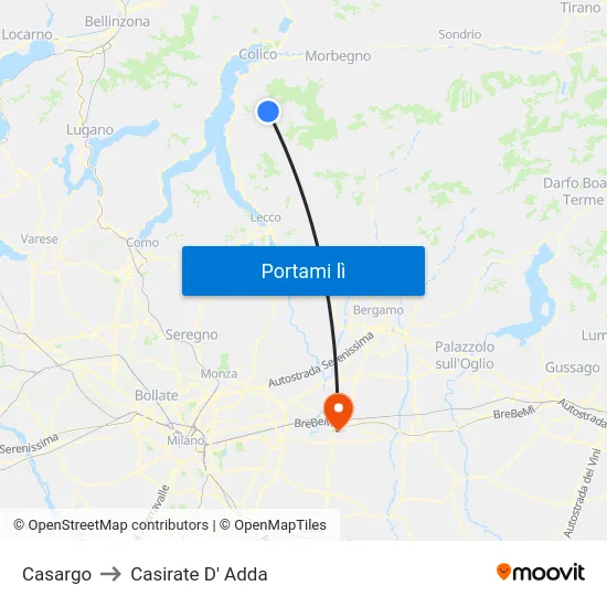 Casargo to Casirate D' Adda map