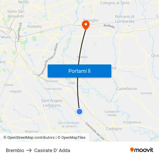 Brembio to Casirate D' Adda map