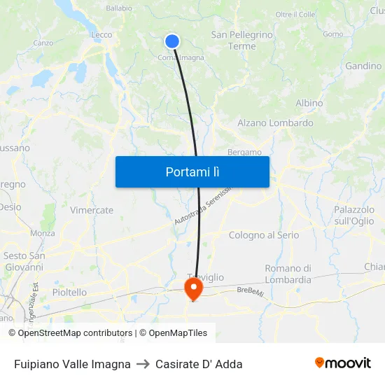 Fuipiano Valle Imagna to Casirate D' Adda map