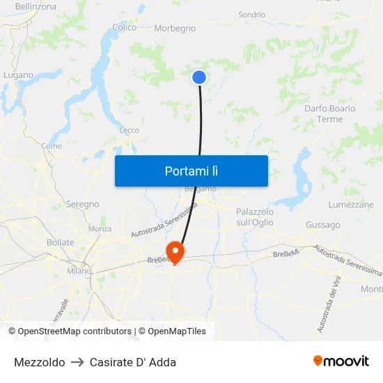 Mezzoldo to Casirate D' Adda map