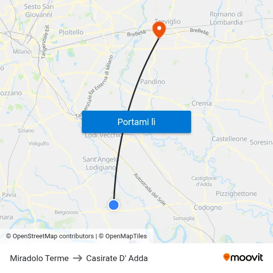 Miradolo Terme to Casirate D' Adda map