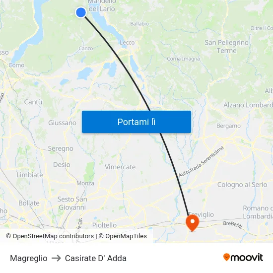 Magreglio to Casirate D' Adda map