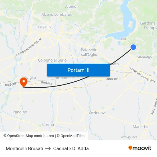 Monticelli Brusati to Casirate D' Adda map