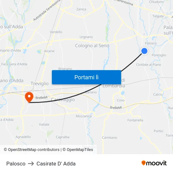 Palosco to Casirate D' Adda map