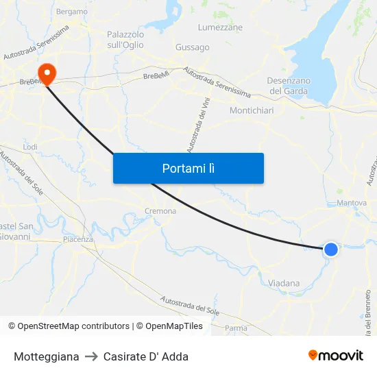 Motteggiana to Casirate D' Adda map