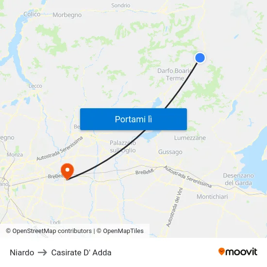 Niardo to Casirate D' Adda map