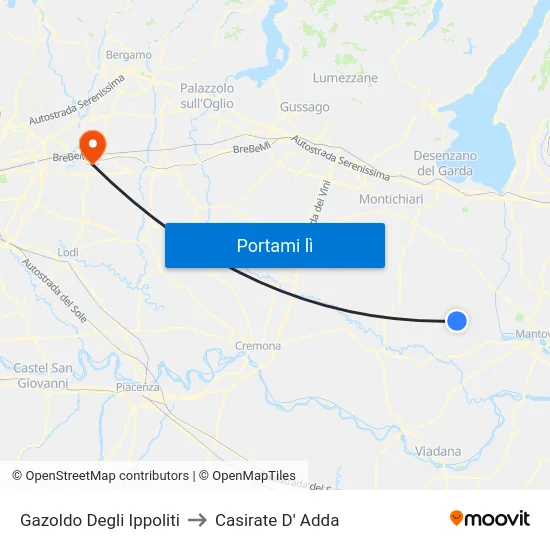 Gazoldo Degli Ippoliti to Casirate D' Adda map
