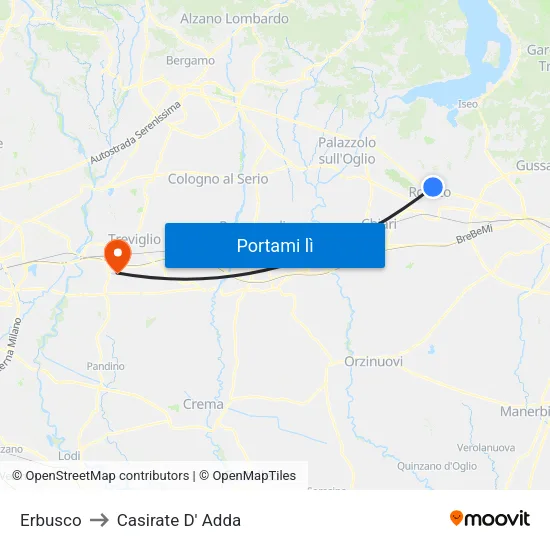 Erbusco to Casirate D' Adda map