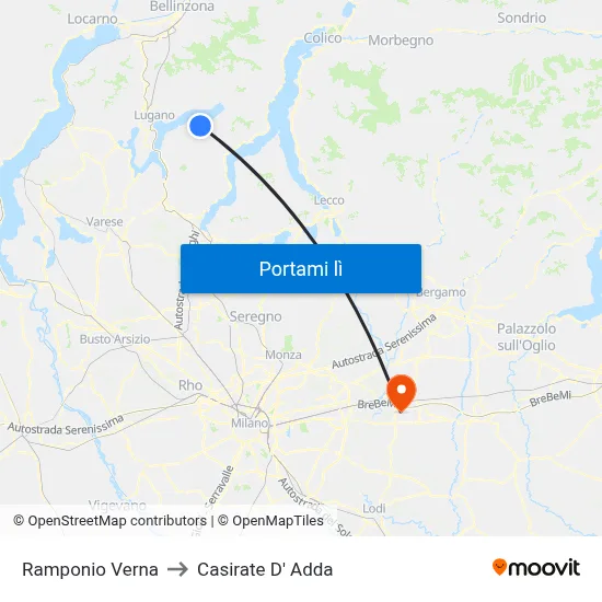Ramponio Verna to Casirate D' Adda map