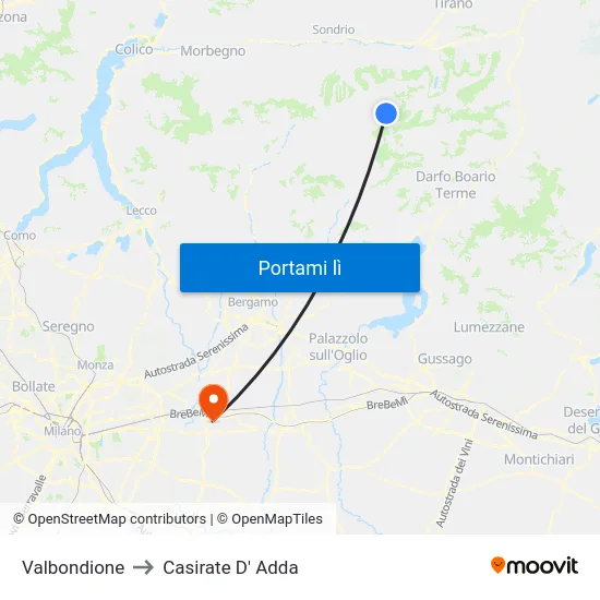 Valbondione to Casirate D' Adda map