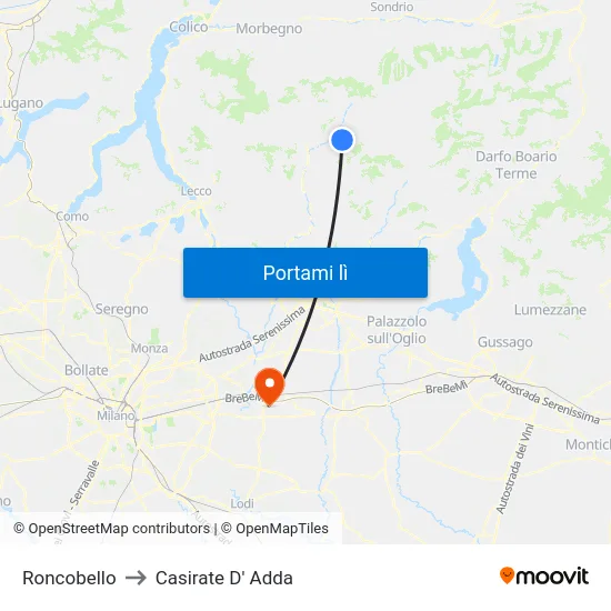 Roncobello to Casirate D' Adda map