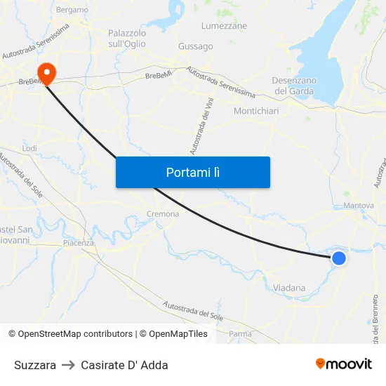Suzzara to Casirate D' Adda map