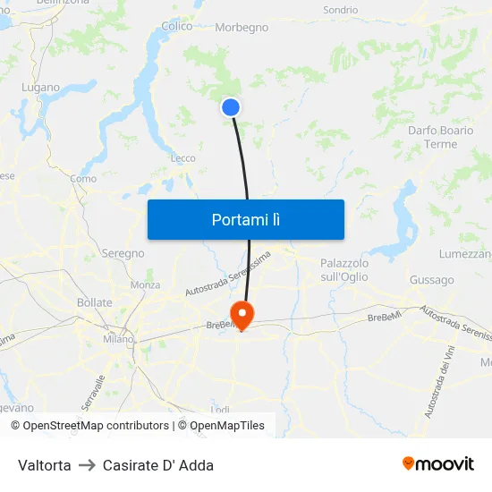 Valtorta to Casirate D' Adda map