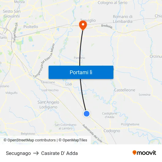 Secugnago to Casirate D' Adda map