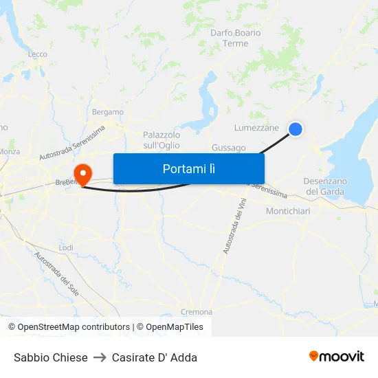 Sabbio Chiese to Casirate D' Adda map