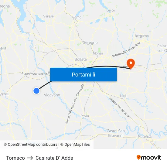 Tornaco to Casirate D' Adda map