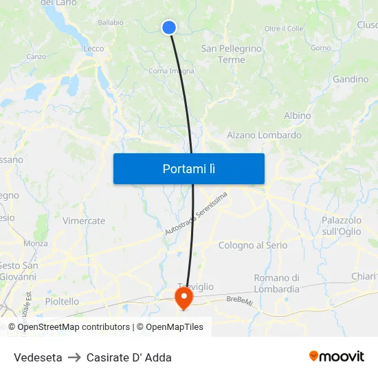 Vedeseta to Casirate D' Adda map