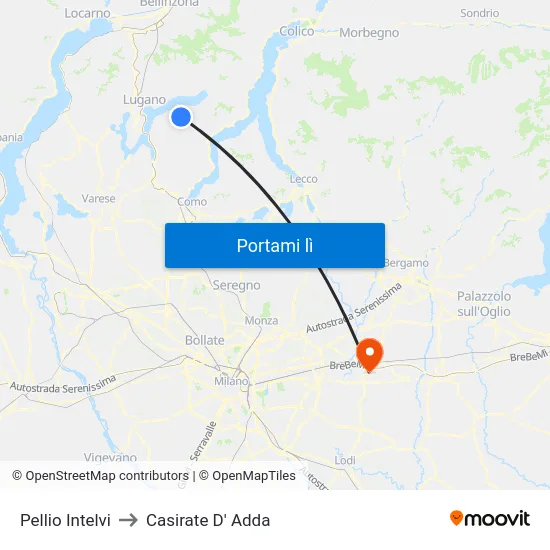 Pellio Intelvi to Casirate D' Adda map