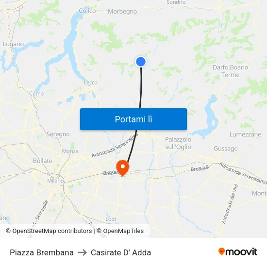 Piazza Brembana to Casirate D' Adda map