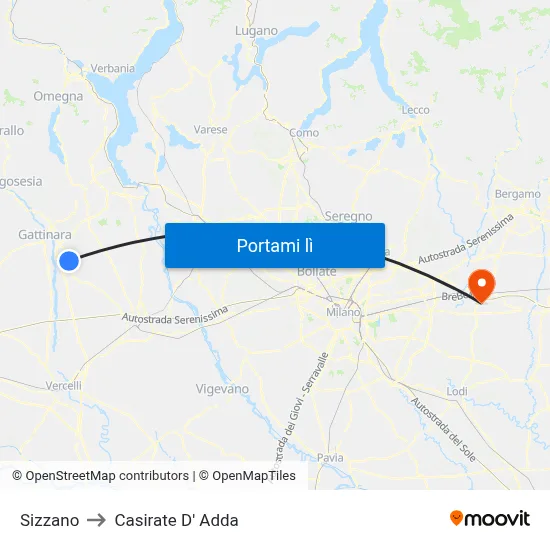 Sizzano to Casirate D' Adda map
