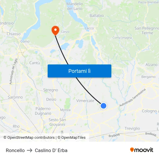 Roncello to Caslino D' Erba map