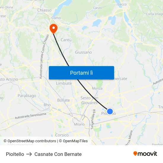Pioltello to Casnate Con Bernate map