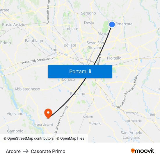 Arcore to Casorate Primo map