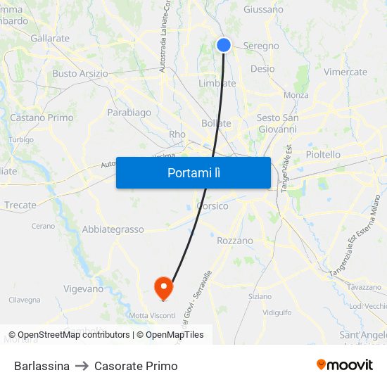Barlassina to Casorate Primo map
