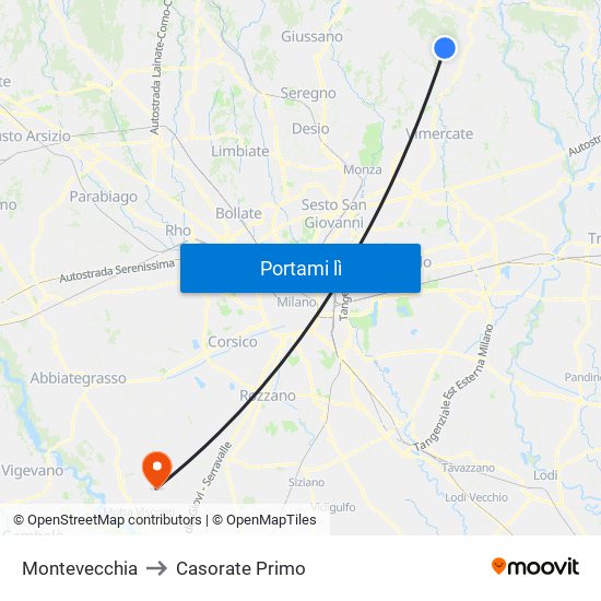 Montevecchia to Casorate Primo map
