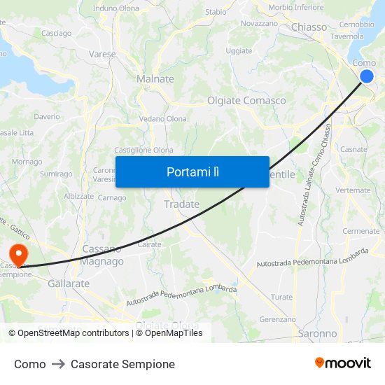 Como to Casorate Sempione map