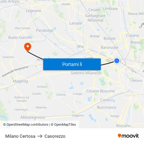 Milano Certosa to Casorezzo map