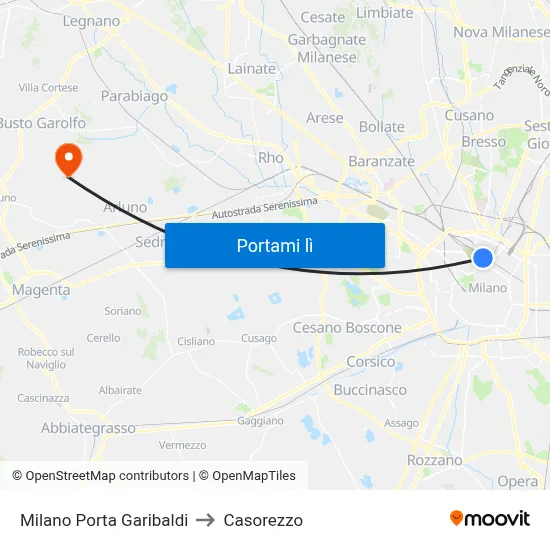 Milano Porta Garibaldi to Casorezzo map