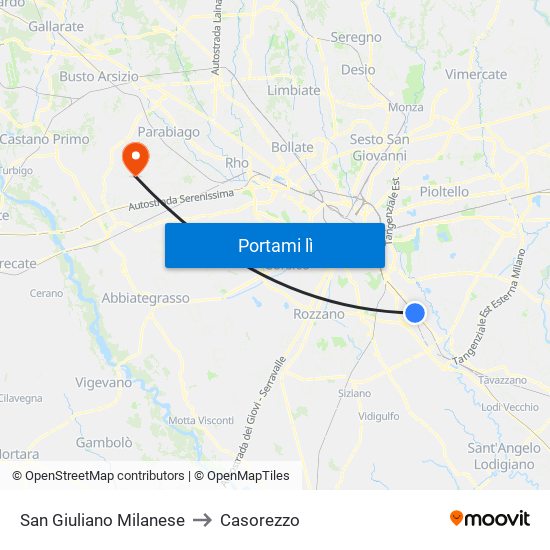 San Giuliano Milanese to Casorezzo map