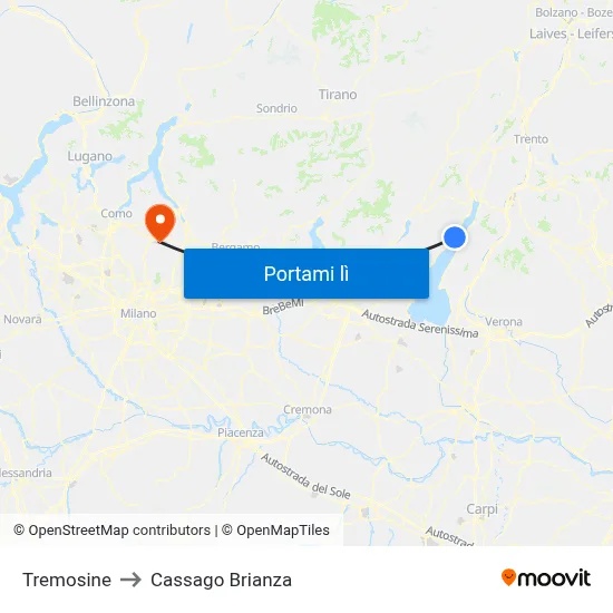 Tremosine to Cassago Brianza map