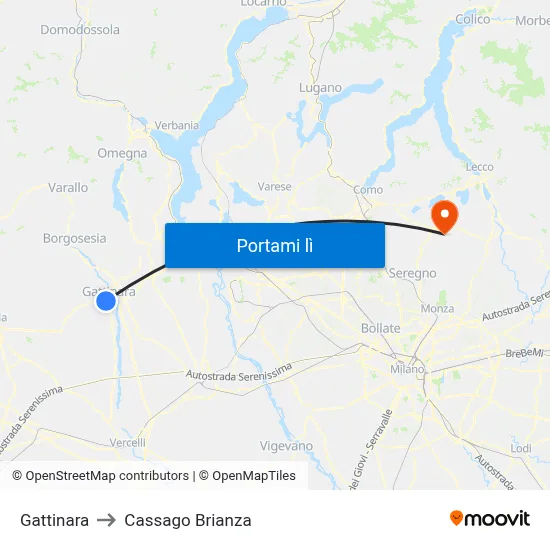 Gattinara to Cassago Brianza map