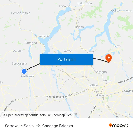 Serravalle Sesia to Cassago Brianza map