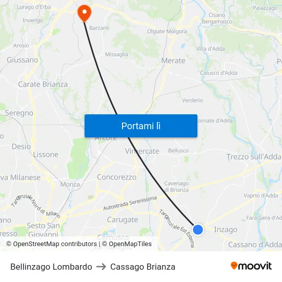 Bellinzago Lombardo to Cassago Brianza map