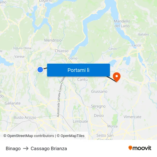 Binago to Cassago Brianza map