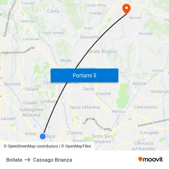 Bollate to Cassago Brianza map