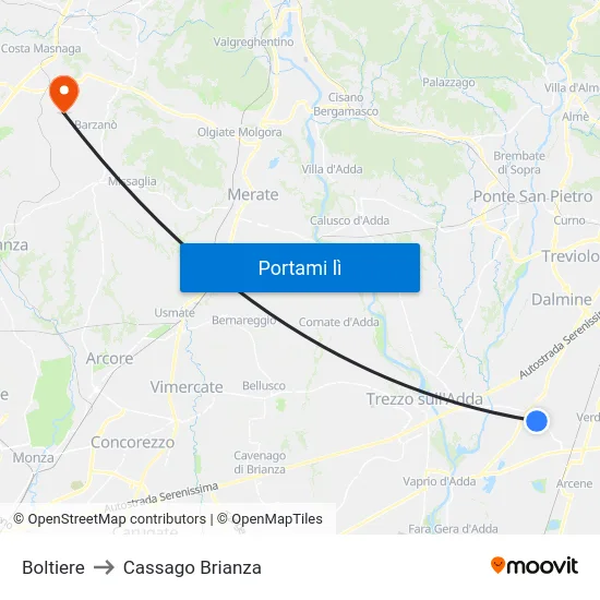Boltiere to Cassago Brianza map