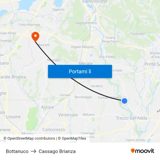 Bottanuco to Cassago Brianza map