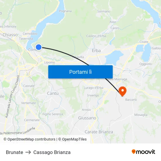Brunate to Cassago Brianza map