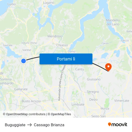 Buguggiate to Cassago Brianza map