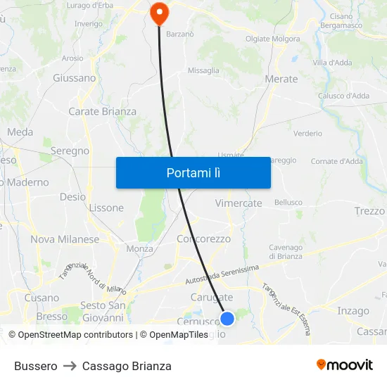 Bussero to Cassago Brianza map
