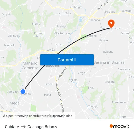 Cabiate to Cassago Brianza map