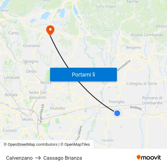 Calvenzano to Cassago Brianza map