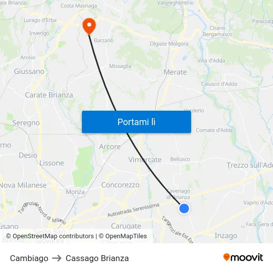 Cambiago to Cassago Brianza map