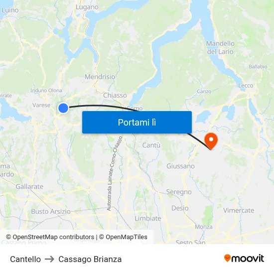 Cantello to Cassago Brianza map